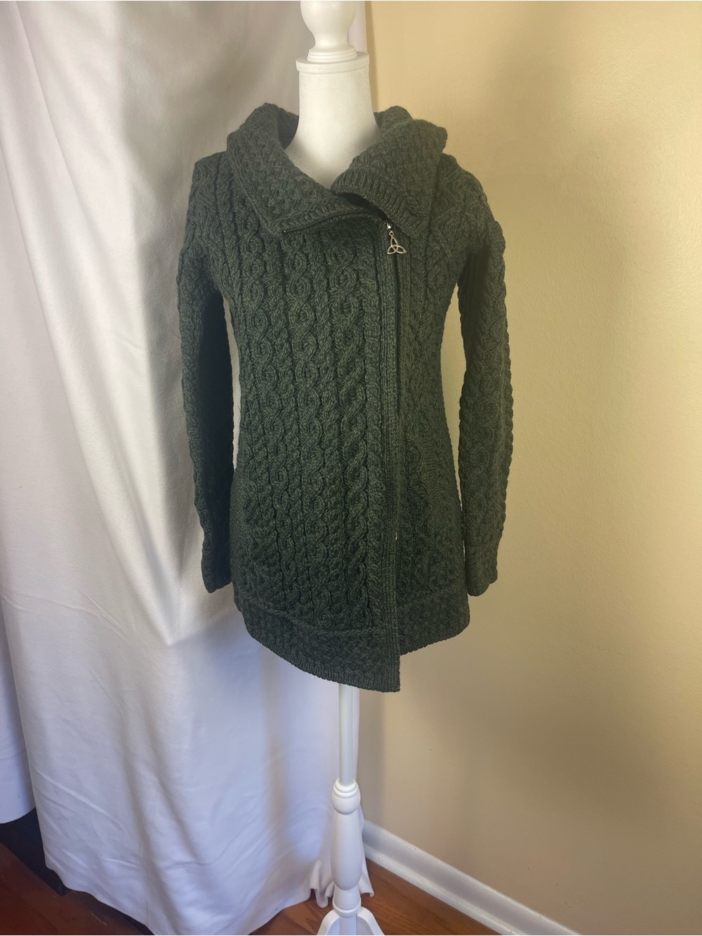 Aran Crafts Irish Merino Wool Chunky Cable Knit Zip Cardigan XS Green Fisherman